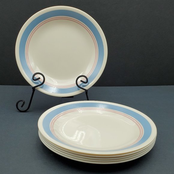 Corelle Colonial Blue Bread Dessert Plates Cream Plate Blue Band Pink Mauve Ring - Picture 1 of 6